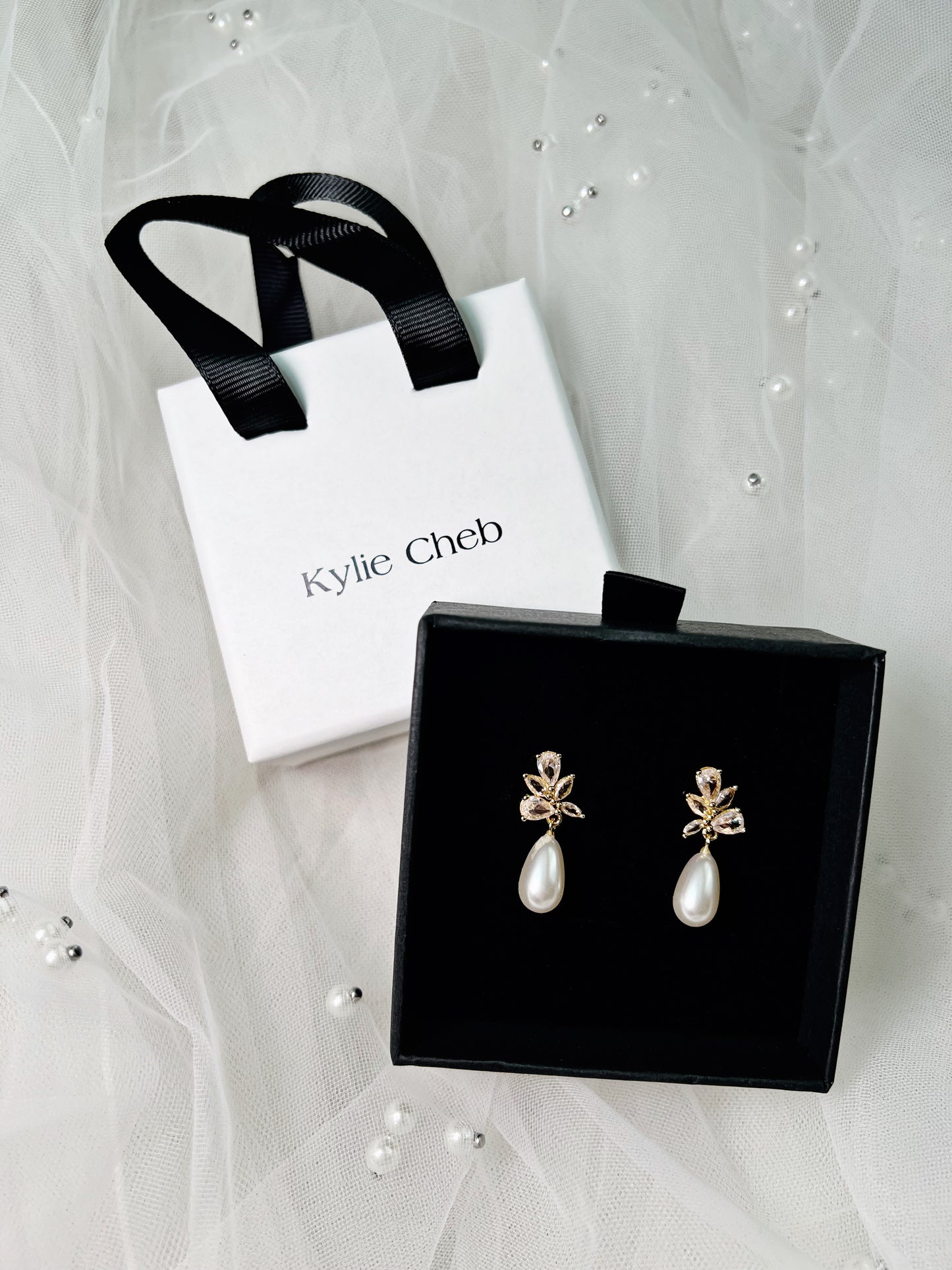 Gold and pearl drop bridal earrings